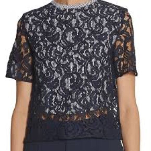 NWOT CARVEN DESIGNER LACE AND GIGHAM BLOUSE NAVY AND WHITE SIZE XS/2 - Picture 2 of 9